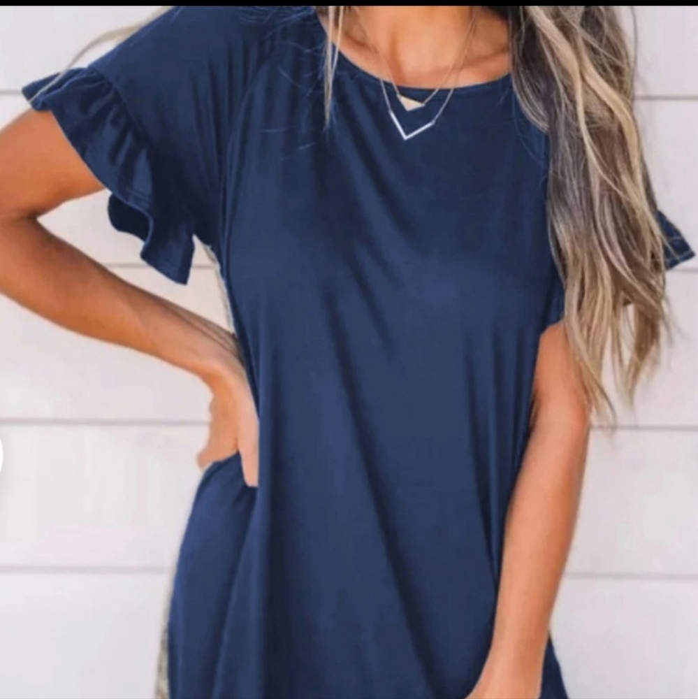 Dark blue flounce mini dress with animal print back